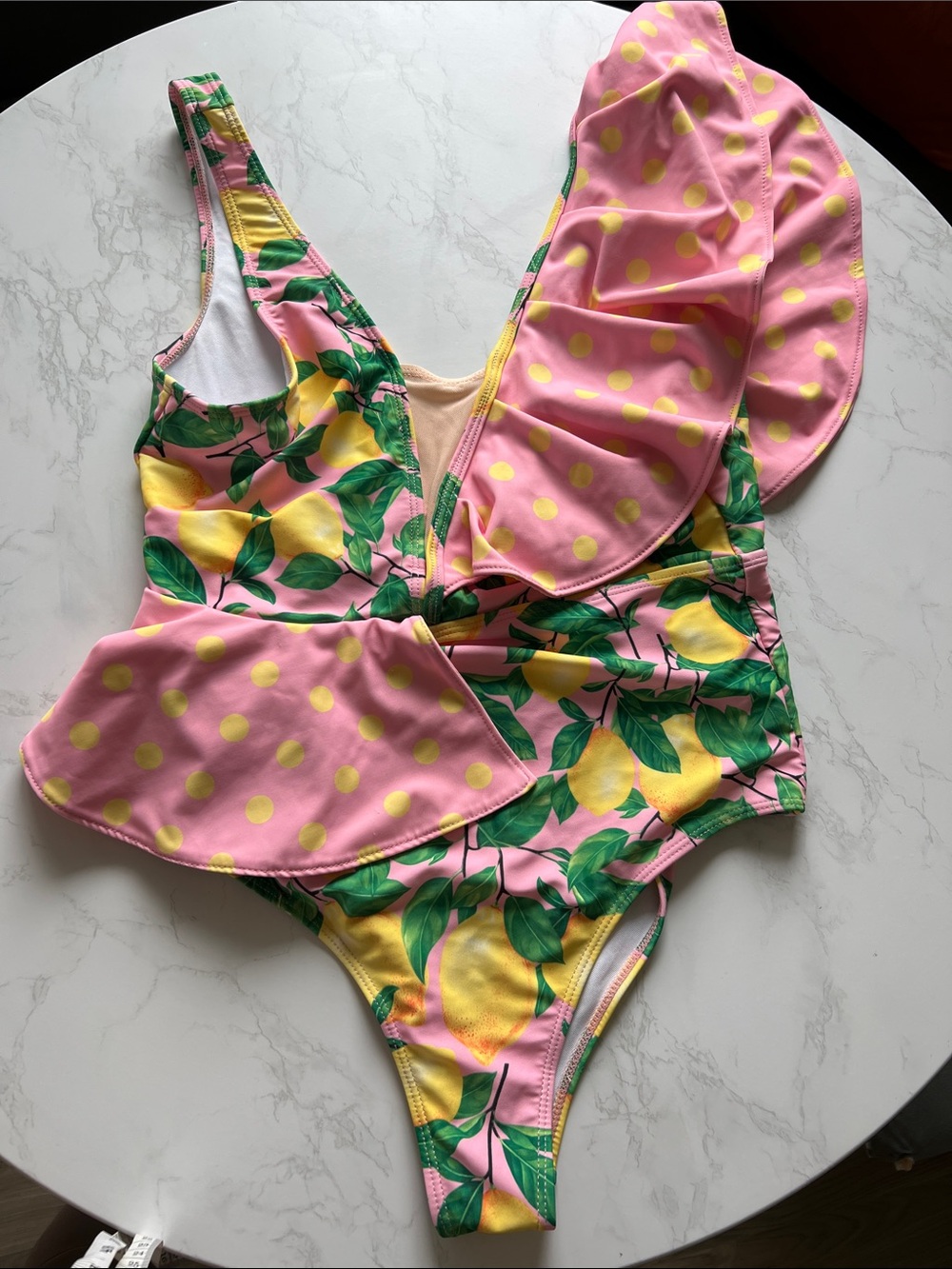 Woman Pink Lemon Print Ruffle One-Piece Swimsuit